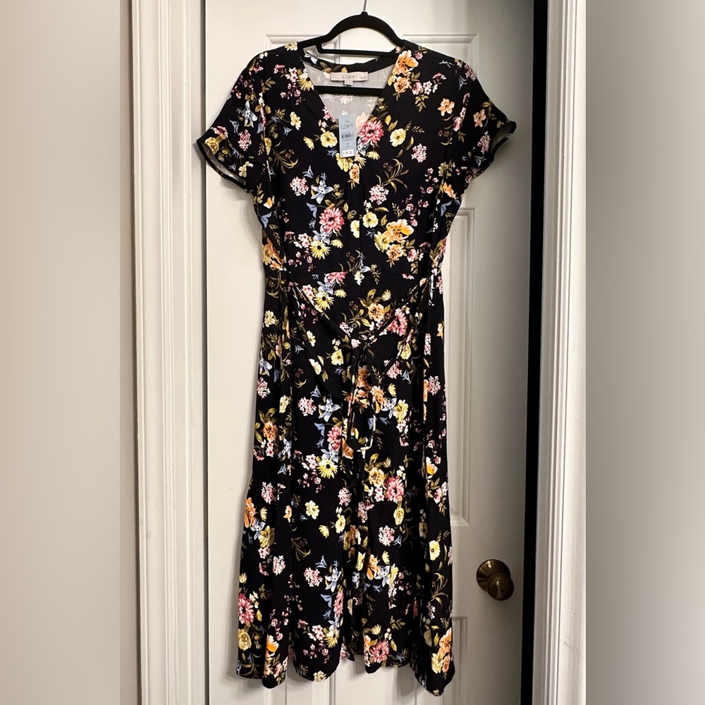 Loft - navy blue, floral, button down, midi dress - size 10 petite